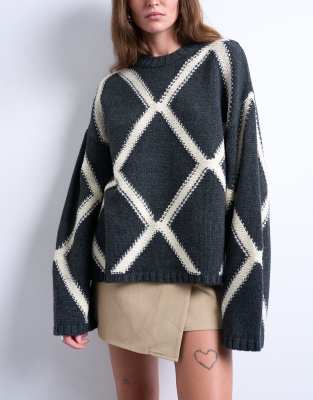 Topshop Women's Charcoal Knitted Argyle Jumper In -Grey