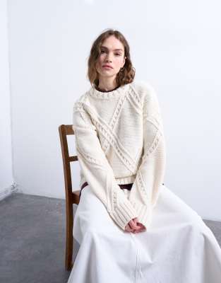 Topshop Women's Cream Knitted Argyle Jumper In -White