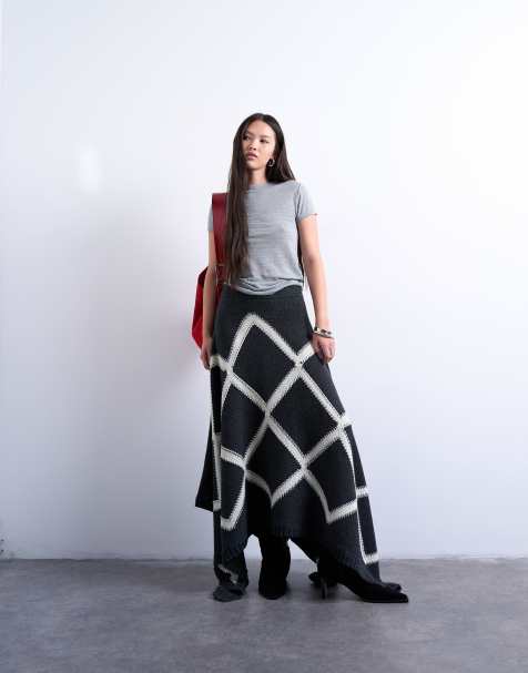 Topshop knitted argyle skirt in charcoal (part of a set) - view 1