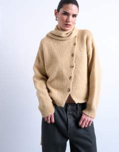 Knitted asymmetric cardigan with scarf in oat beige