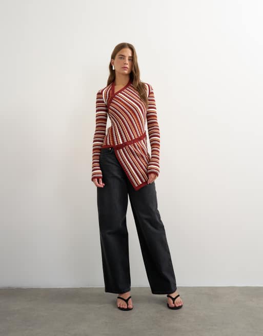 Topshop knitted asymmetric longline ribbed stripe top in red, 2 of 4