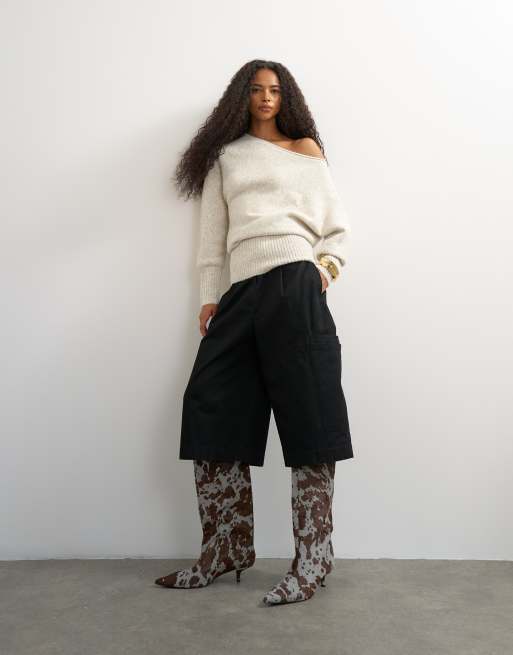 Topshop knitted asymmetric neck fluffy longline draped jumper with wool in latte, 3 of 4