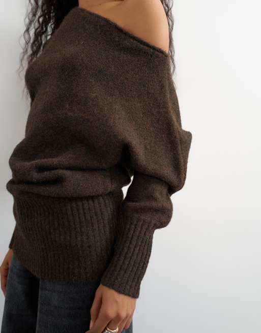 Topshop knitted asymmetric neck fluffy longline draped jumper with wool in tobacco, 2 of 4