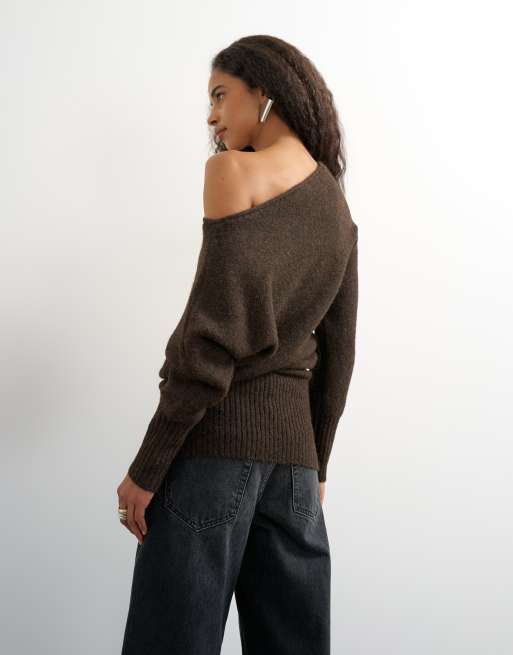 Topshop knitted asymmetric neck fluffy longline draped jumper with wool in tobacco, 4 of 4