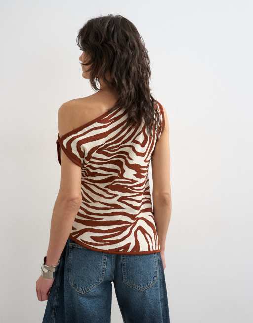 Topshop knitted asymmetric off shoulder animal print top in brown, 4 of 4