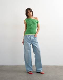 Model wearing Knitted asymmetric off shoulder top in green