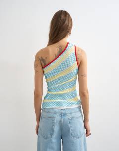 Model wearing Knitted asymmetric one shoulder colour pop top in multi