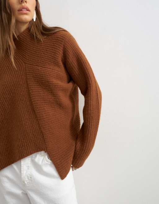 Topshop knitted asymmetric panel jumper in gingerbread, 3 of 4