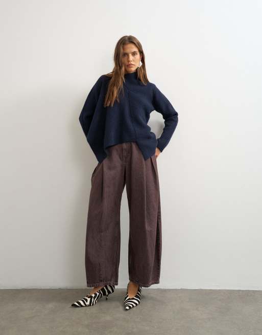 Topshop knitted asymmetric panel jumper in navy, 2 of 4