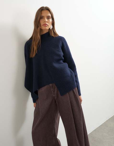 Topshop knitted asymmetric panel sweater in navy - view 1