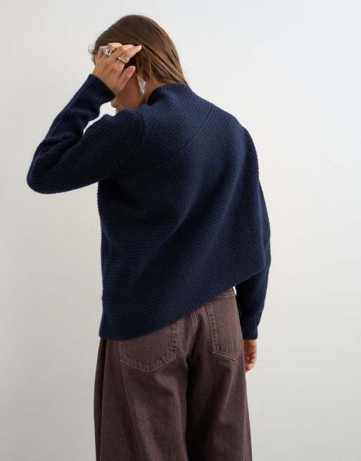 Topshop knitted asymmetric panel sweater in navy, 4 of 4