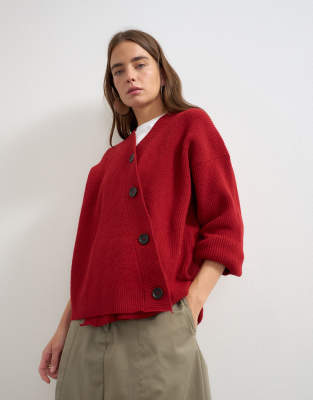 Topshop Knitted Asymmetric Placket Cardigan In Red