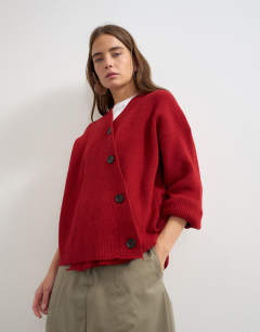 Knitted asymmetric placket cardigan in red
