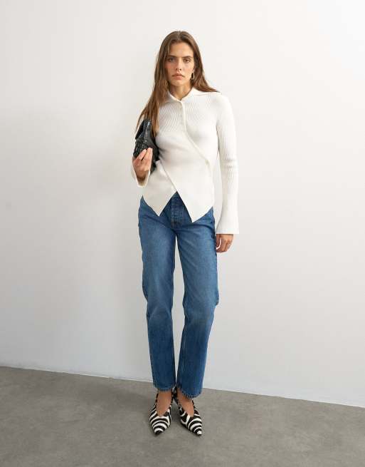 Topshop knitted asymmetric shawl collar jumper in ivory, 2 of 4