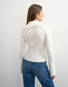 Model wearing Knitted asymmetric shawl collar jumper in ivory