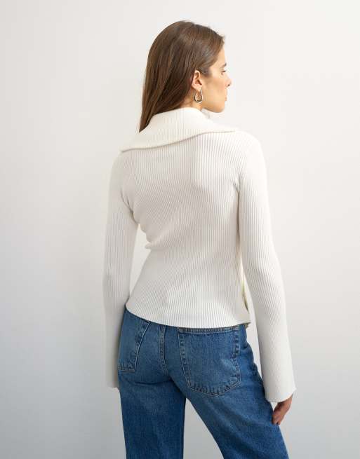 Topshop knitted asymmetric shawl collar jumper in ivory, 4 of 4