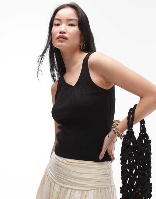 Topshop knitted asymmetric singlet top in black