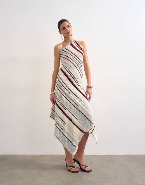 Topshop knitted asymmetric stripe full skirt dress in ecru - view 1