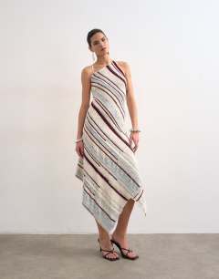 Knitted asymmetric stripe full skirt dress in ecru