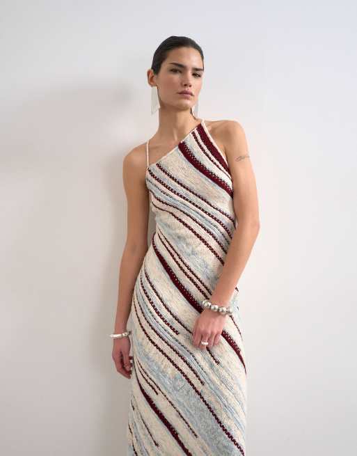Topshop knitted asymmetric stripe full skirt dress in ecru, 3 of 4