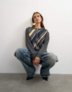Knitted asymmetric stripe jacket in grey multi