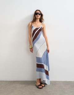 Knitted asymmetric stripe maxi dress in blue multi
