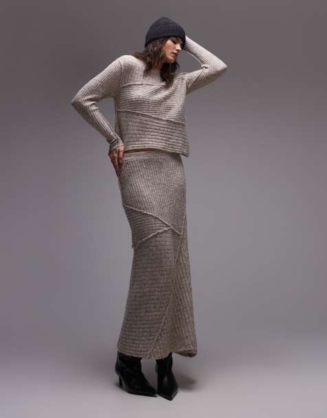 Topshop knitted asymmetric top and skirt set in oat - view 1