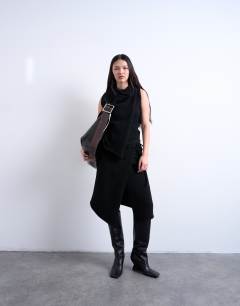 Knitted asymmetric wrap skirt co-ord in black