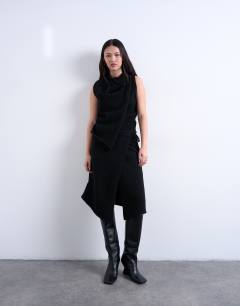 Model wearing Knitted asymmetric wrap skirt co-ord in black