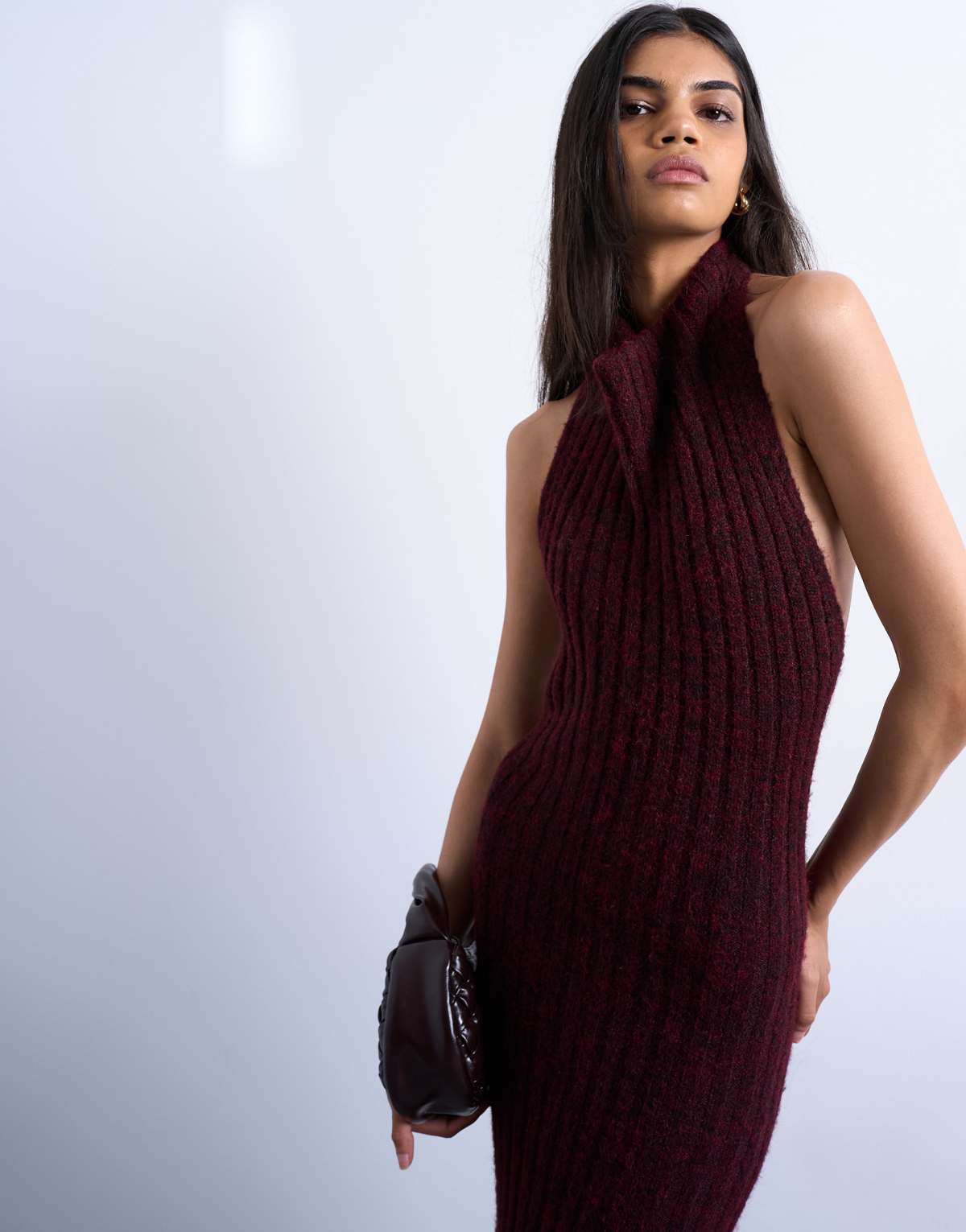 Topshop knitted backless halter neck dress in red