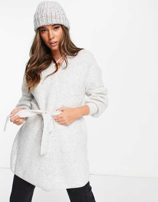 Topshop knitted balloon sleeve belted wrap cardi in grey marl