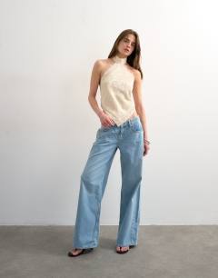 Model wearing Knitted bandana top in off white