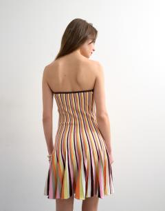Model wearing Knitted bandeau flippy stripe mini dress in multi colour 