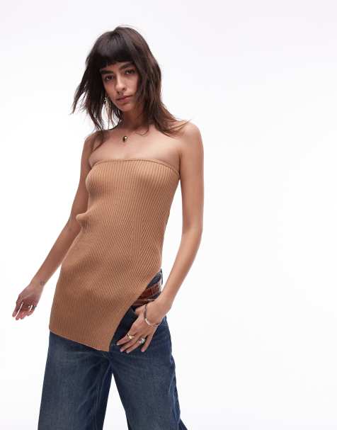 Topshop knitted bandeau co-ord in camel