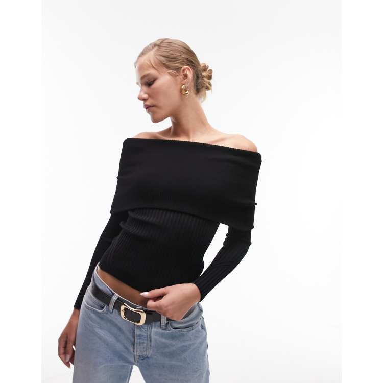 Topshop knitted bardot jumper in black