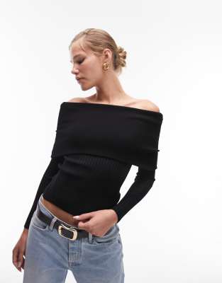 Topshop knitted bardot jumper in black