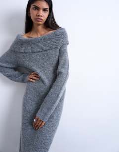 Model wearing Knitted bardot maxi dress in grey