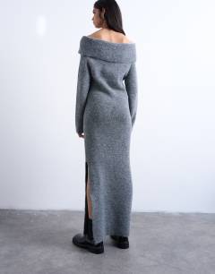 Model wearing Knitted bardot maxi dress in grey