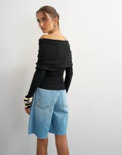 Model wearing Knitted bardot top in black