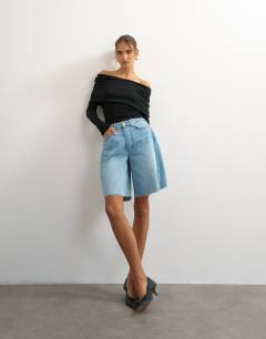 Model wearing Knitted bardot top in black