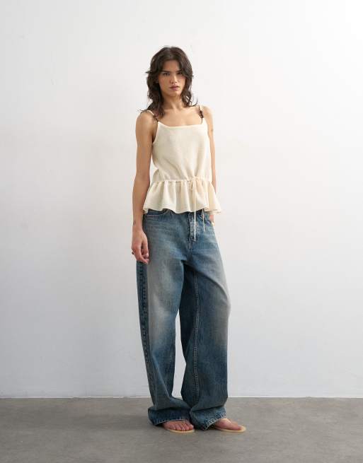 Topshop knitted beaded draw waist peplum tank in ivory, 3 of 4