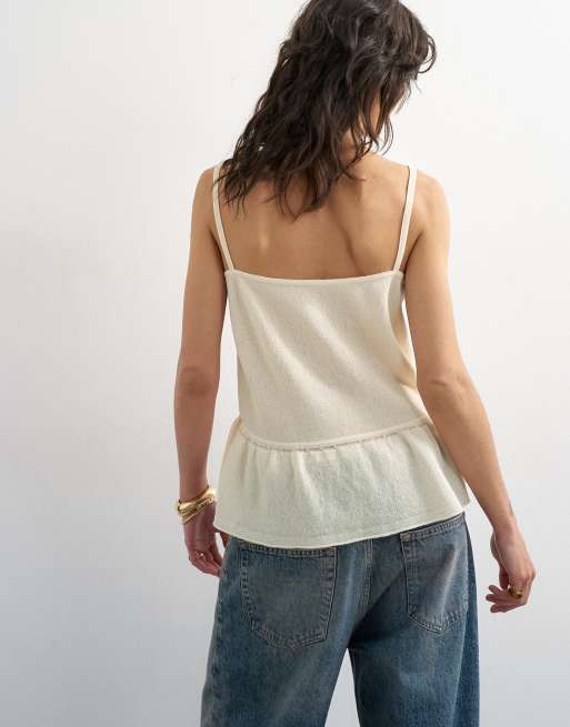 Topshop knitted beaded draw waist peplum tank in ivory, 4 of 4