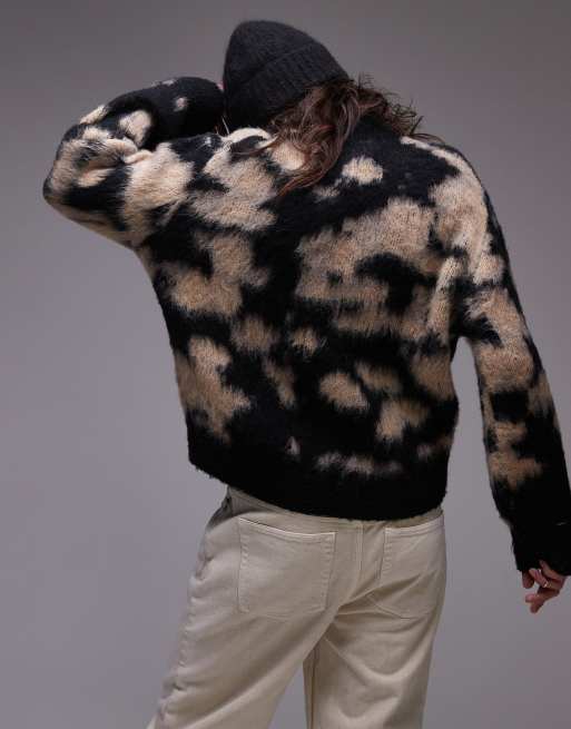 Topshop knitted blur brushed floral animal oversized jumper in neutral, 3 of 4