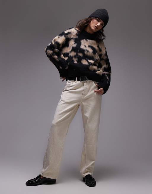Topshop knitted blur brushed floral animal oversized jumper in neutral