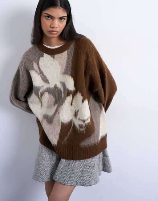 Topshop knitted blurred floral jumper in neutral, 4 of 4