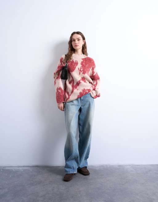 Topshop knitted blurred floral jumper in pink, 2 of 4