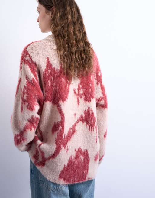 Topshop knitted blurred floral jumper in pink, 3 of 4