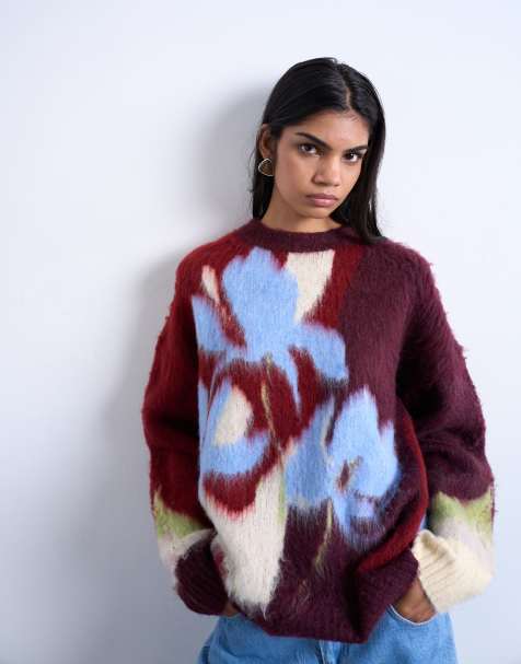 Topshop knitted blurred flower jumper in burgundy - view 1