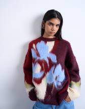 Topshop knitted blurred flower jumper in burgundy