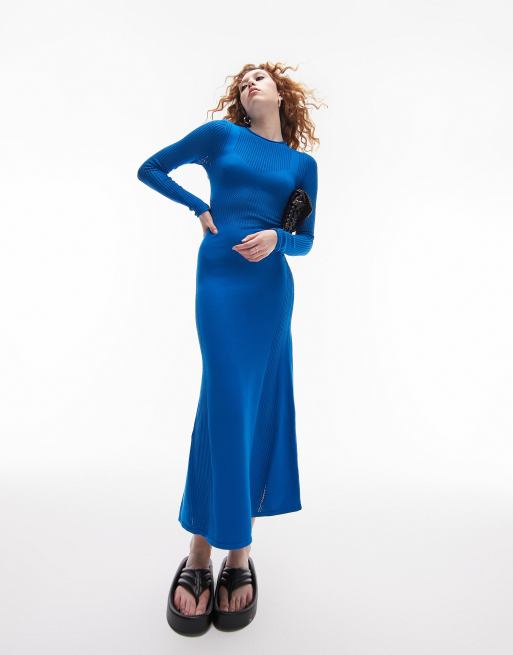 Topshop knitted bodice midi dress hem in blue